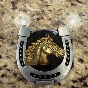 Western Gold Horse Head Horseshoe Belt Buckle